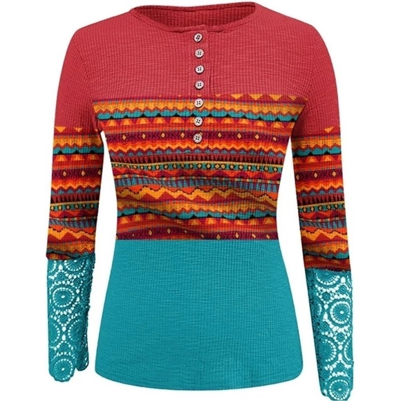 Bohemian Aztec Colorful Henley Pull Over Top - Picture 3 of 11